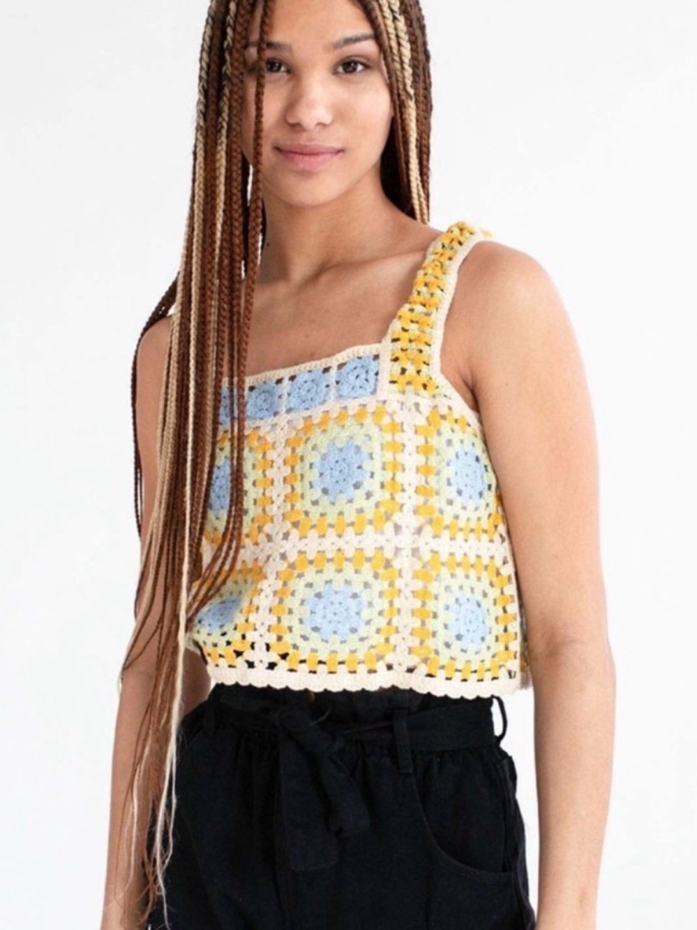 WoWo Crochet Square-Pattern Crop Top in Pastel Blue & Green